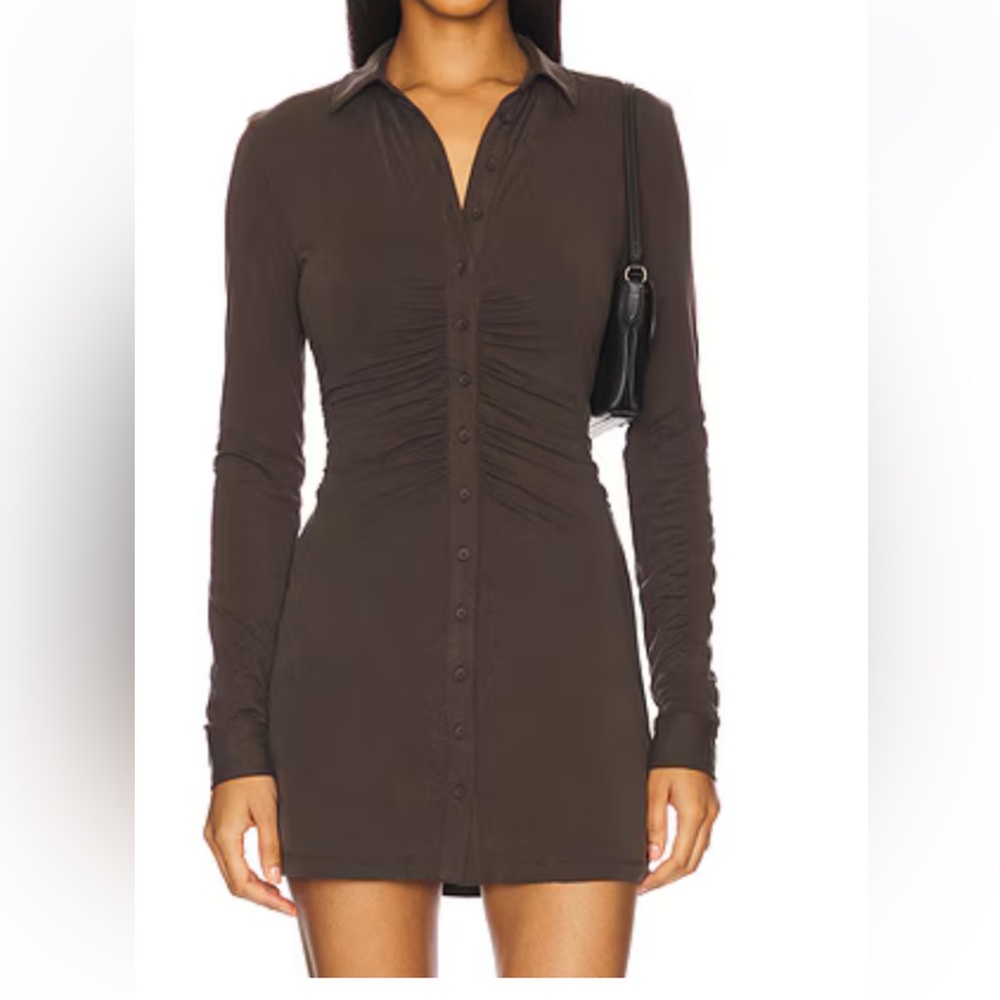 With Jean Dark Brown Ruched Button-Front Long Sleeve Dress